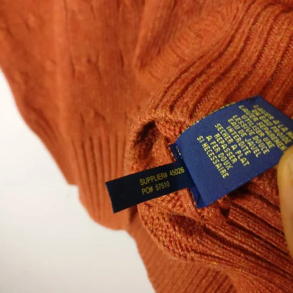 Potter Clay Brown Polo RL Pure Silk Fisherman Cable Crew Knit Logo Sweater Large - Picture 7 of 8